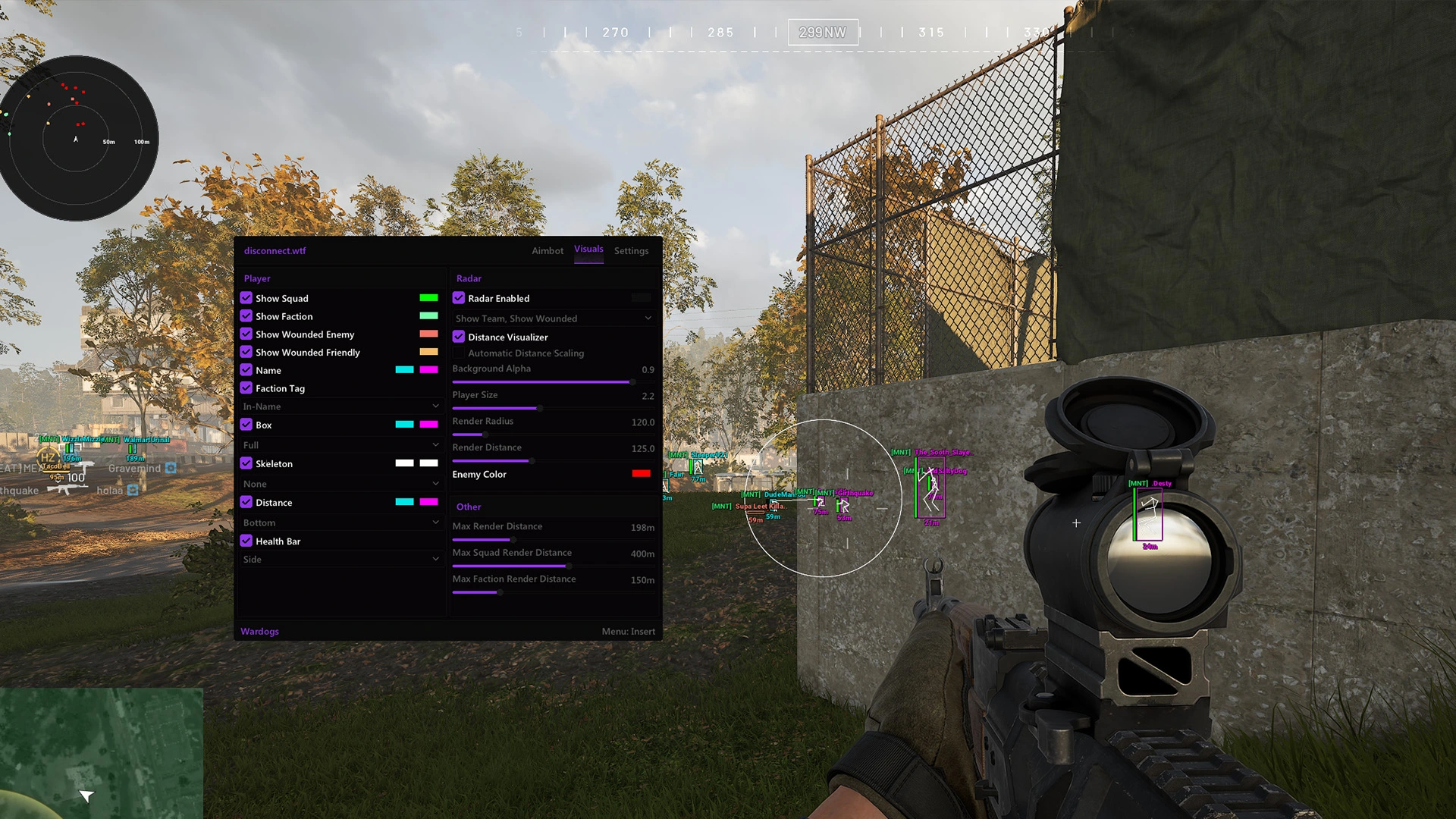 Disconnect Wardogs External Visuals menu: player filters on the left, radar controls on the right and player markers in the game scene