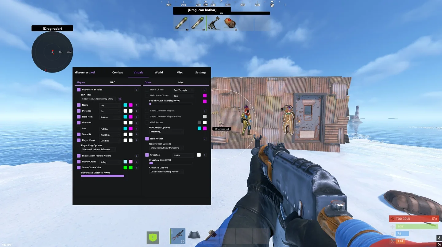 Rust ESP, player chams and radar display settings