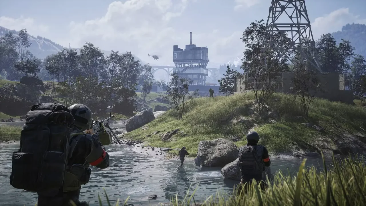 Wardogs squad moving through a river toward an industrial area