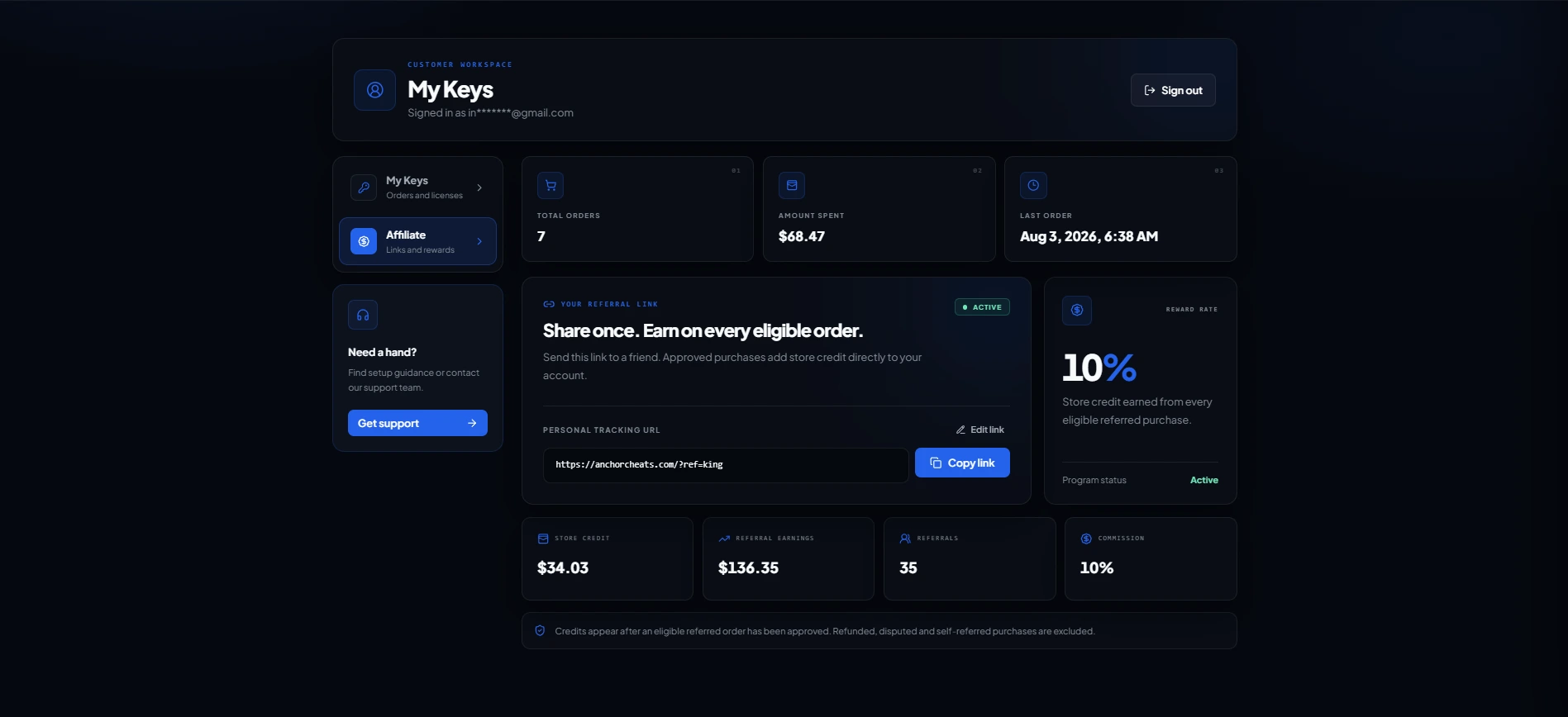 Nano Cheats affiliate dashboard showing a referral link, store credit, earnings and commission